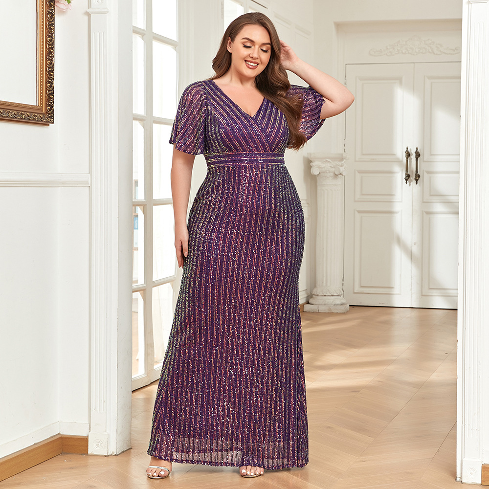 2023 New Short-sleeved Ruffled Stretch Long Dress Shiny Sequin Double V-neck Women's Floor-length Mermaid Evening Dress