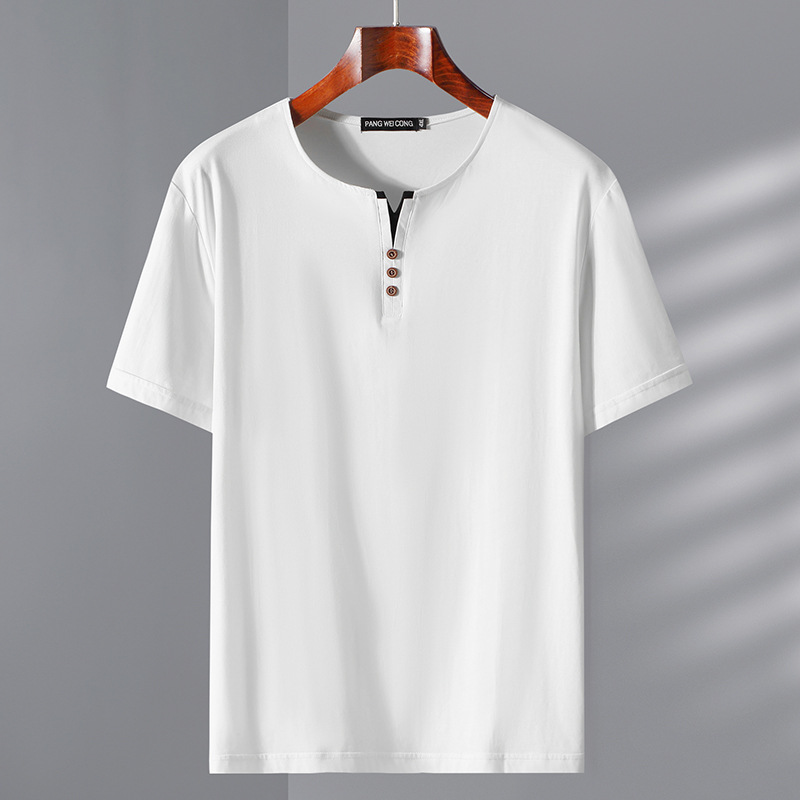 2023 New Large Size Men's Short-sleeved T-shirt Summer Youth Plus Size Fat Half-sleeved Men's Top with Button Collar
