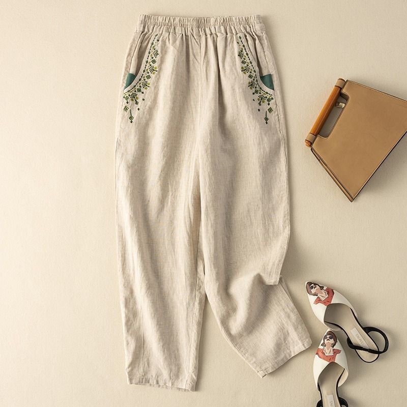 Cotton and linen retro embroidered radish pants women's summer New straight harem pants loose solid color versatile casual cropped pants