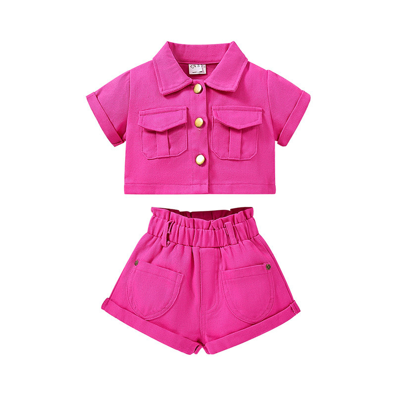 SAMGAMI BABY Foreign Trade children's clothing new summer girls western style denim suit Rose Red Coat + shorts