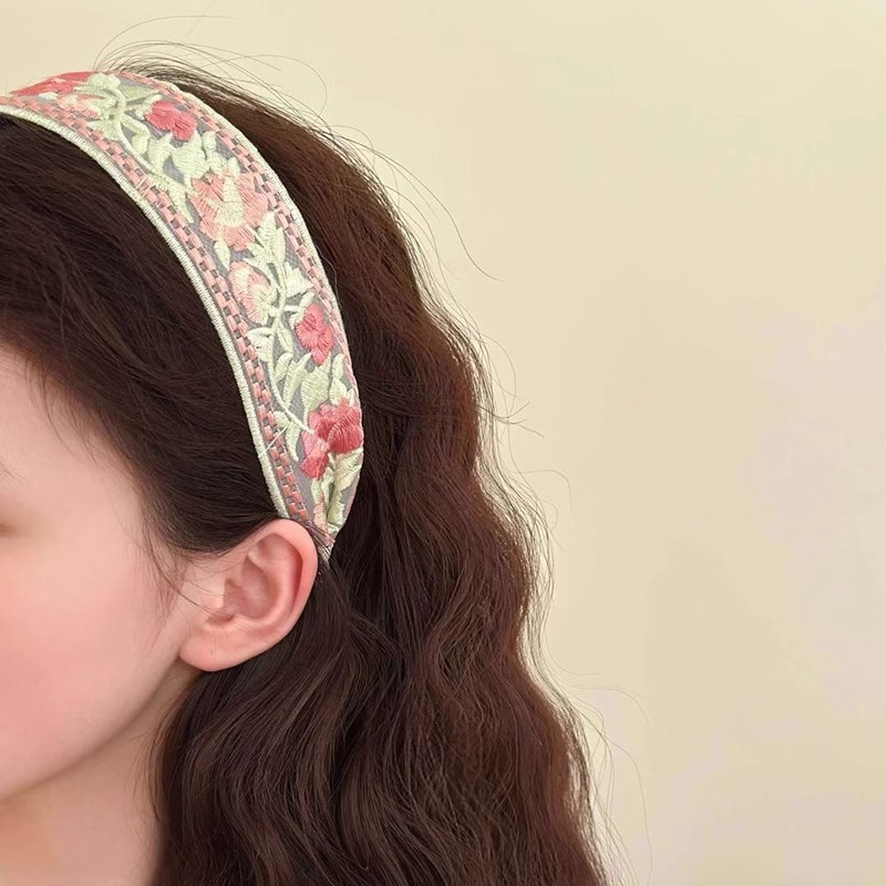 New Chinese Embroidered Flower Headband Women's High-end Ethnic Style Floral Cotton Linen Fabric Wide-brimmed High Cranial Top Head Hoop