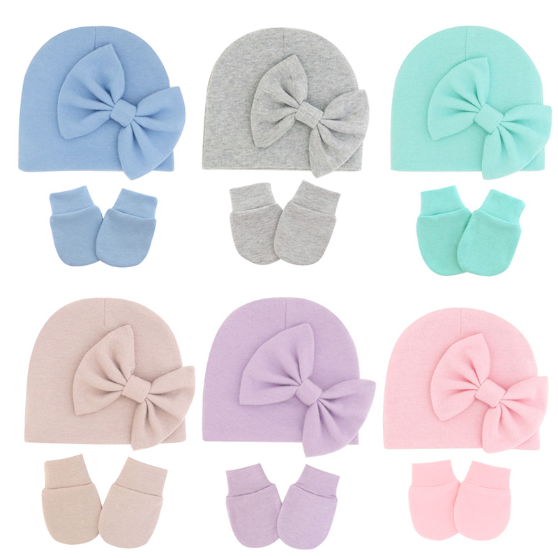 2022 new autumn and winter New Baby bow hat anti-scratch gloves set thick baby fetal cap 0-6 months