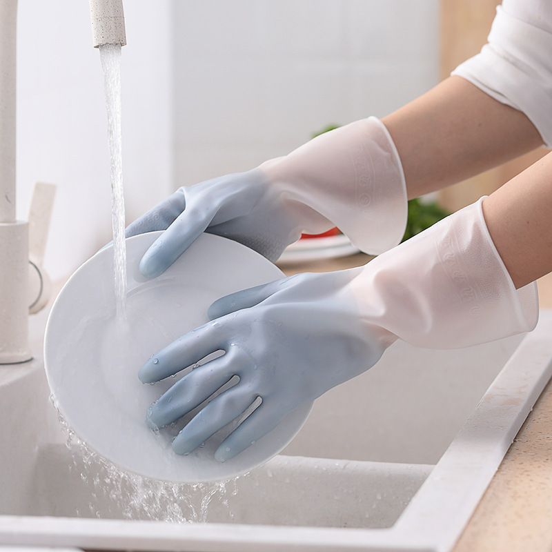 Transparent white two-color gloves dishwashing gloves women's kitchen rubber latex laundry waterproof plastic rubber household brush Bowl