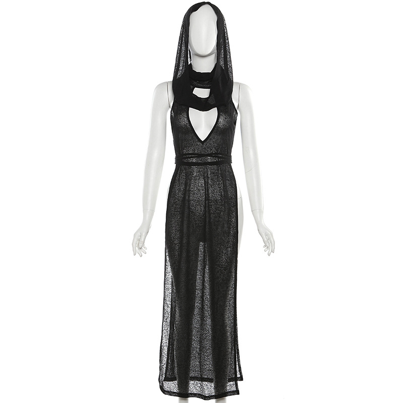 European and American Cross-border 2023 Summer Fashion Trend Women's New Solid Color Hooded Hollow Knitted Sexy Slim-fit Dress