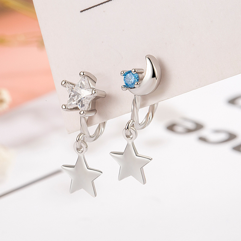 Asymmetric Moon and Stars Earrings Women's Light Luxury Simple Elegant Niche Design High-grade Painless Ear Clip Earrings without Ear Holes