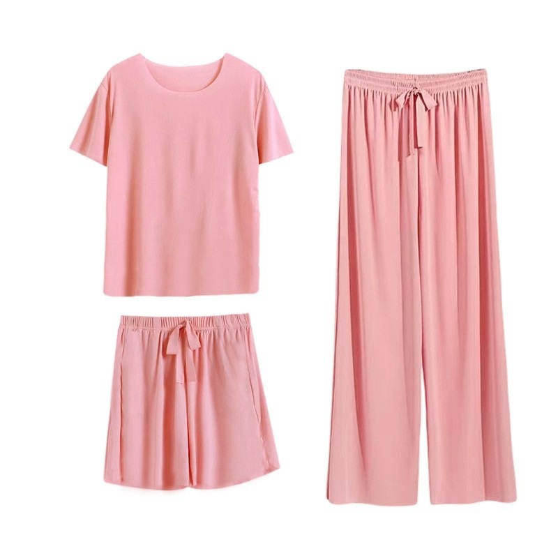 Ice Silk Pajamas Women's Summer Short-sleeved Pants Three-piece Suit Thin Outer Wear Slimming Loose Large Size Women's Home Clothes