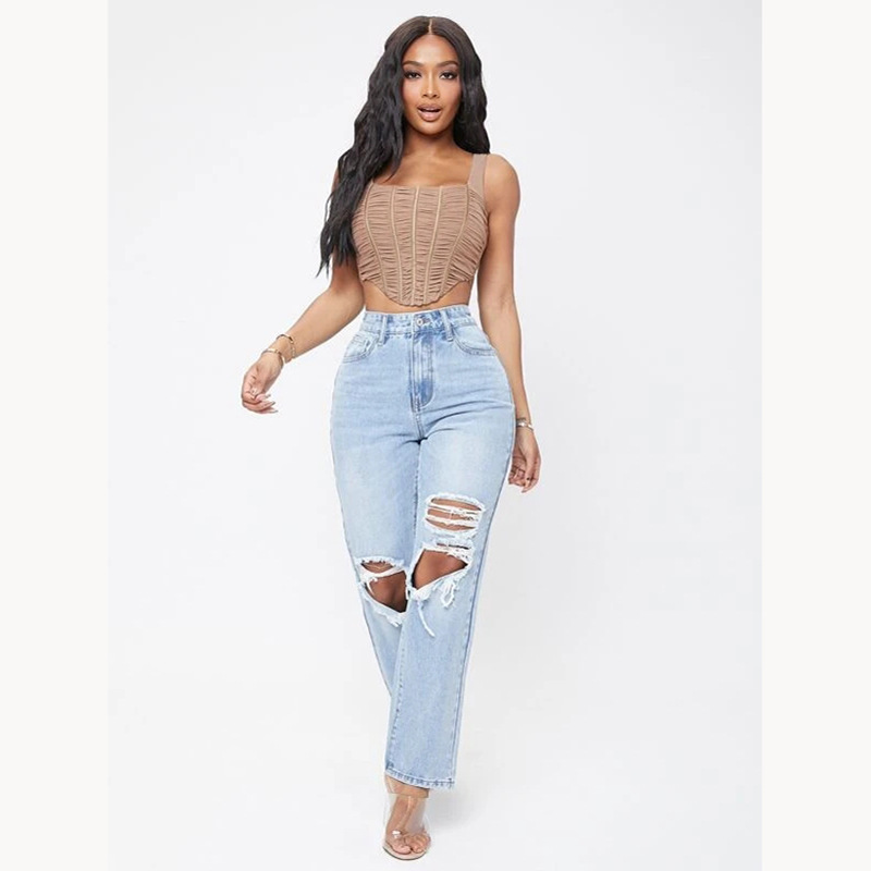 European and American Washed Jeans Women's 2023 New Fashion Amazon Cross-border Hot High Waist Ripped Loose Straight Pants