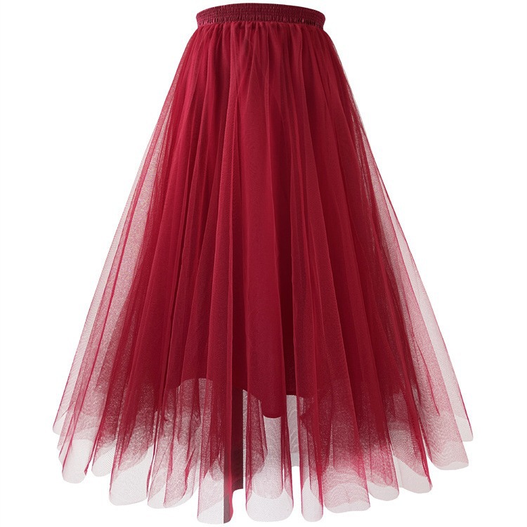 European and American New Autumn and Winter Mesh Pleated Skirt plus size Princess Skirt A- line Skirt High Waist Slimming Long Skirt Soft Yarn Skirt