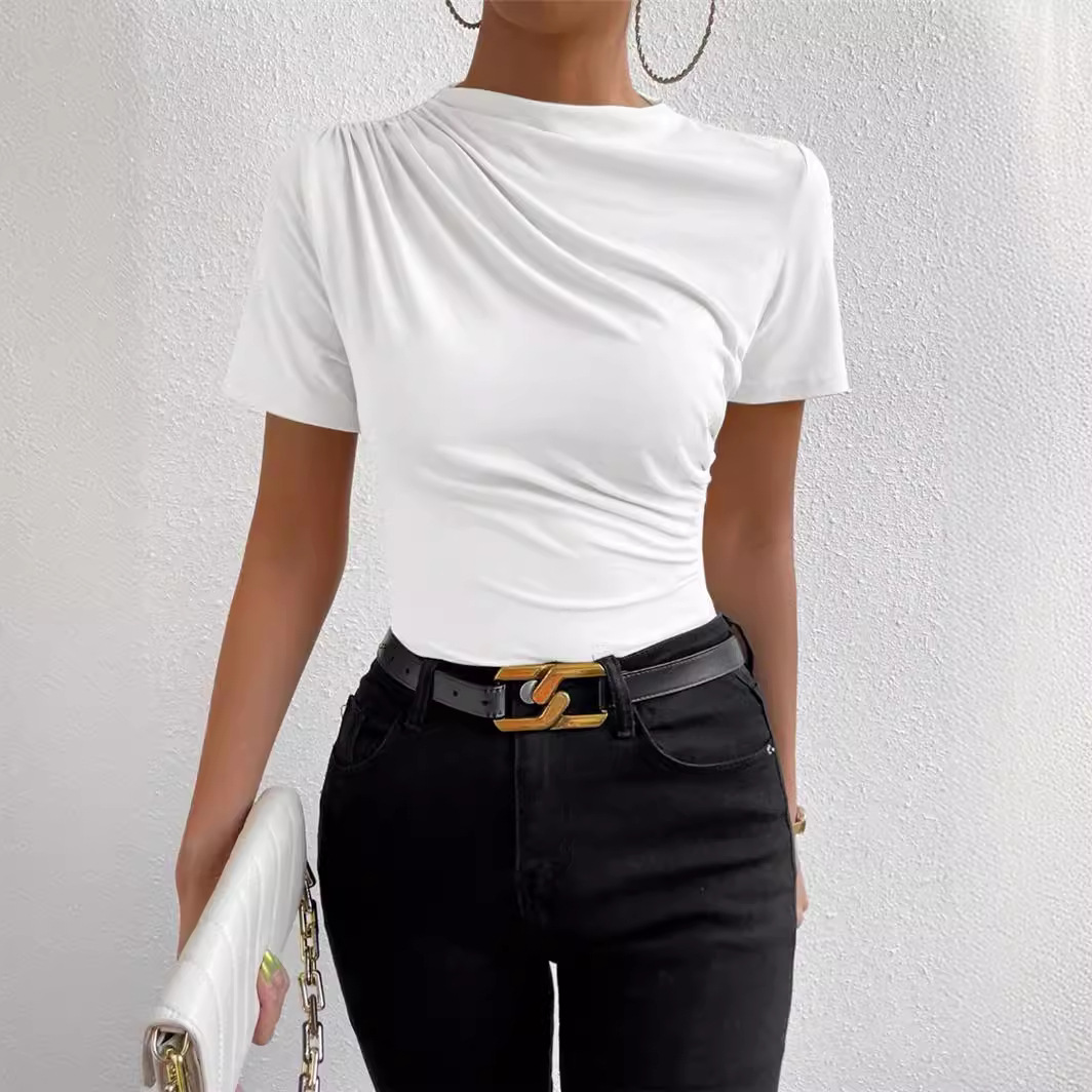 Amazon European and American cross-border AliExpress independent station 2024 spring and summer small turtleneck pleated slim-fit short-sleeved women's T-shirt