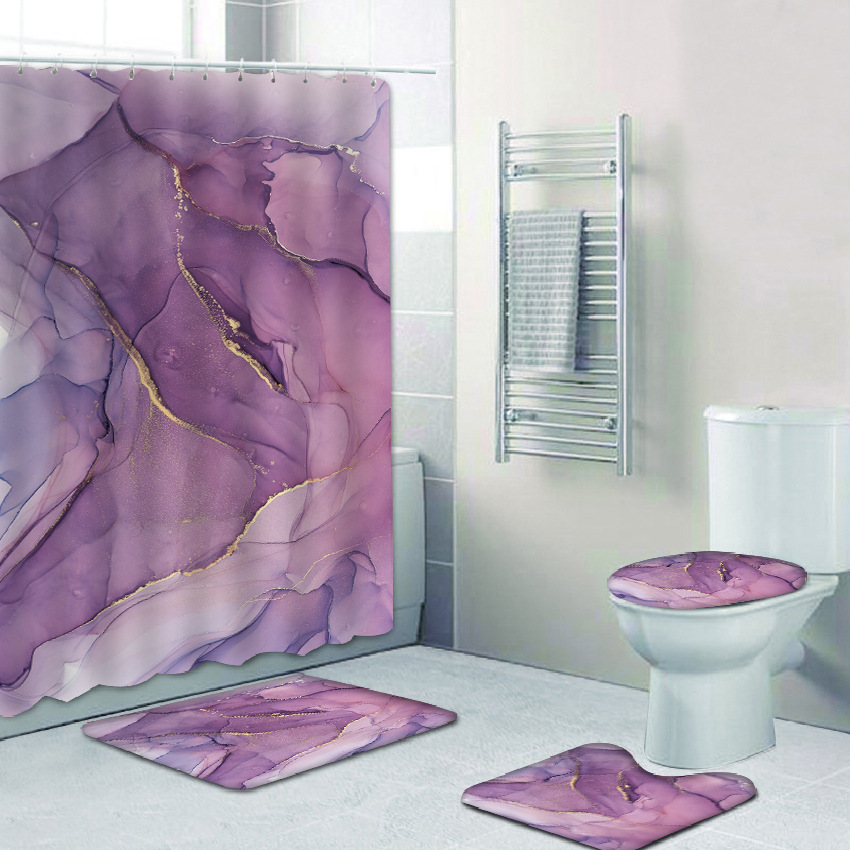 Cross-border direct supply 3D digital printing marble pattern powder purple blue decorative shower curtain toilet three-piece shower curtain mat