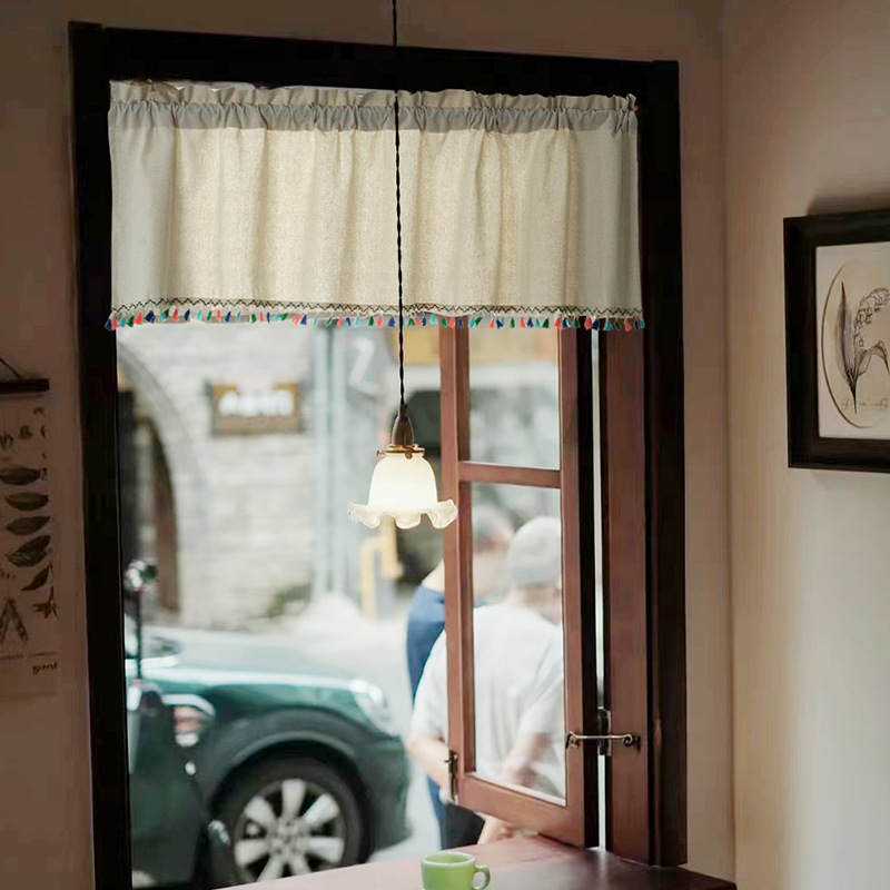 Factory direct linen cotton tassel lace short curtain Japanese small short curtain cabinet curtain partition curtain dustproof semi-shading curtain