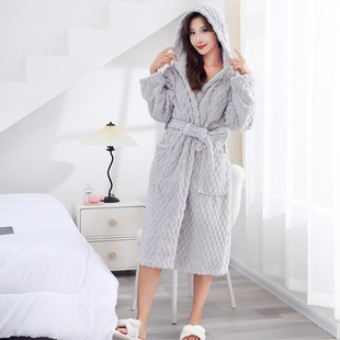 New Cloud Lattice Coral Fleece Hooded Bathrobe Home Adult Breathable Loose Couple Nightgown Daily Sling Bath Skirt
