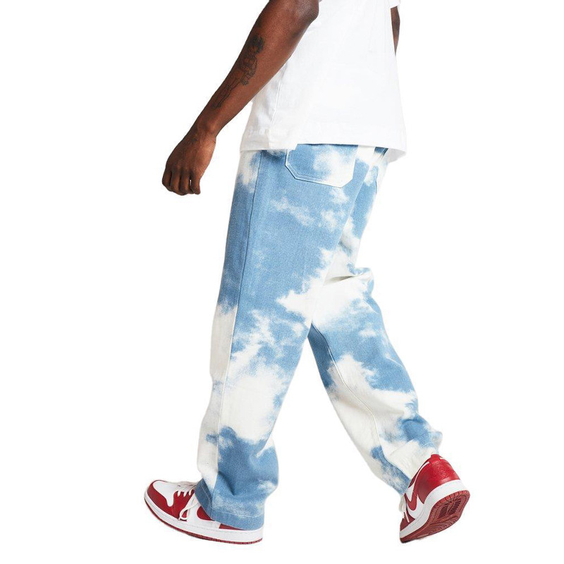 European and American trend High Street washed tie-dyed printed denim pants men's hip-hop wide leg straight barrel Daddy Pants Factory Outlet