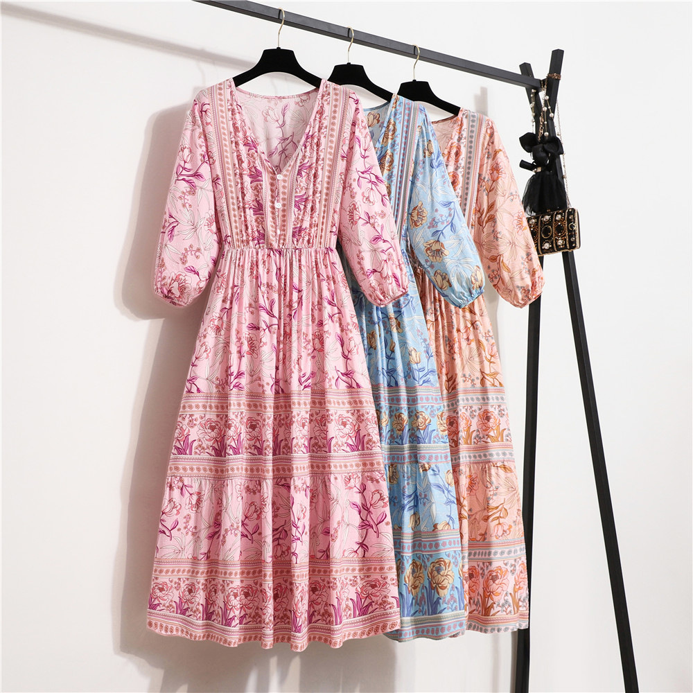 Amazon 2022 Autumn and Winter New Bohemian Cotton Long A- line Dress European and American Women's High Waist Dress for Women