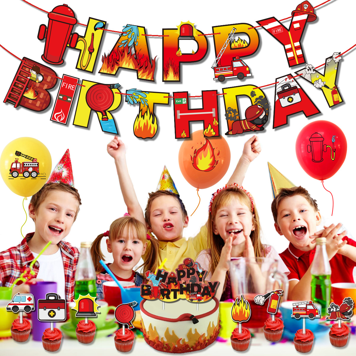 Fire theme party decoration fire truck pull flag banner cake card insertion children's birthday party layout supplies