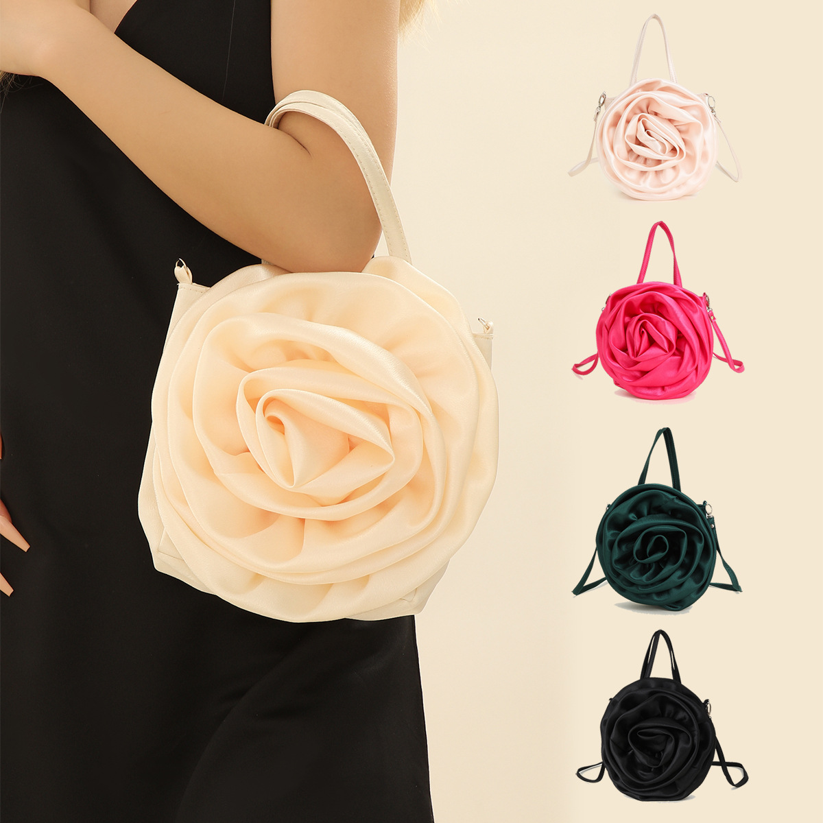 2023 new cross-border satin three-dimensional rose flower shape portable crossbody party wedding women's evening bag