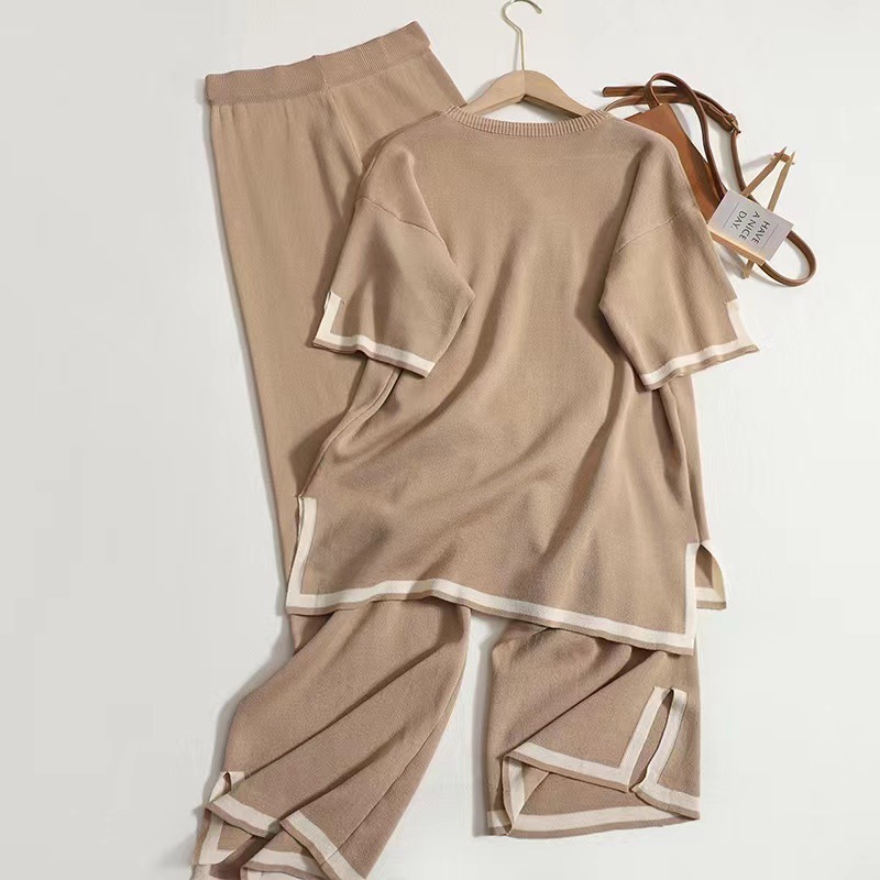 New fashion suit temperament contrast color split short sleeve sweater + high waist slim wide leg pants pants two-piece set