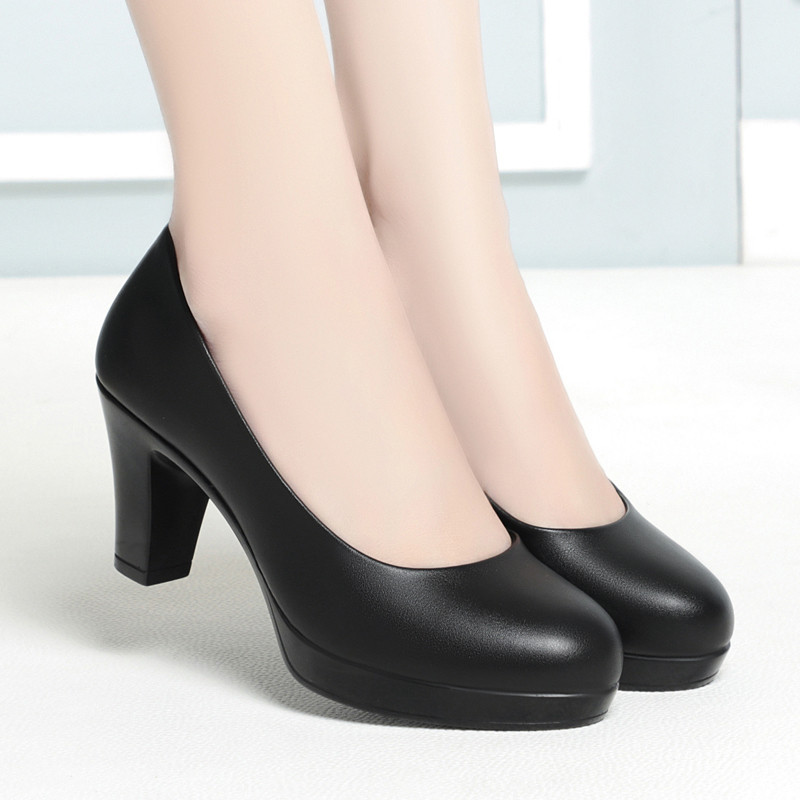 Model Cheongsam Special Show High Heels Women's Waterproof Platform Thick Heel Round Toe Shoes Black Work Shoes Women's Leather Shoes