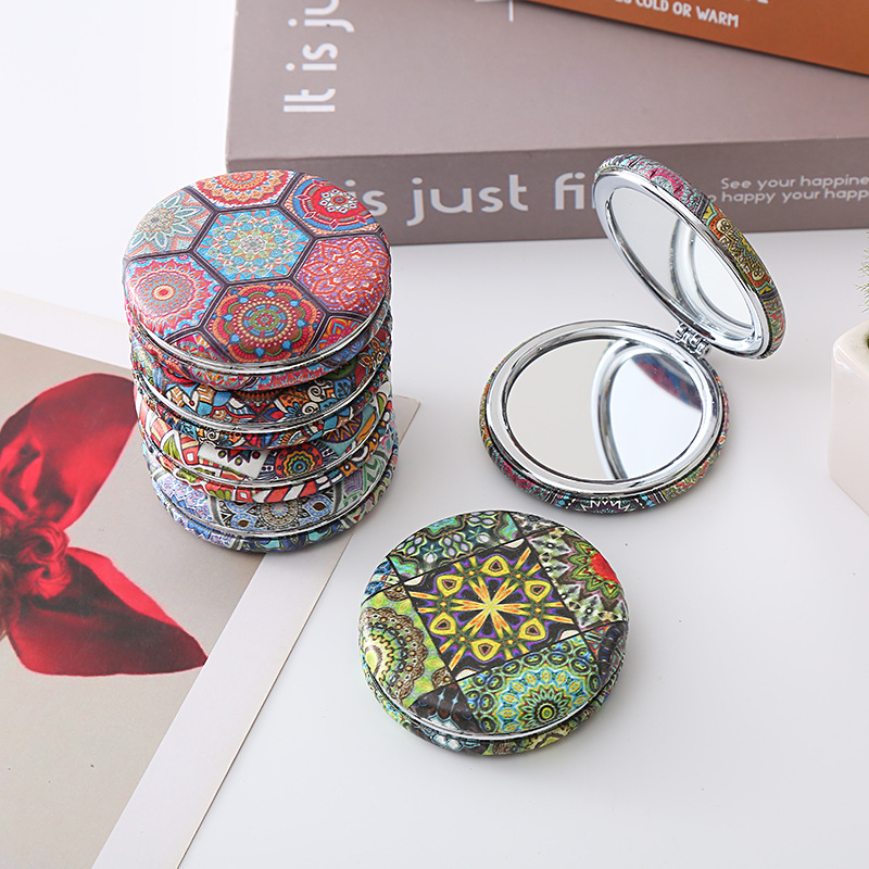 Bohemian style folding bread mirror retro style portable round bread mirror thick double-sided pu pocket mirror