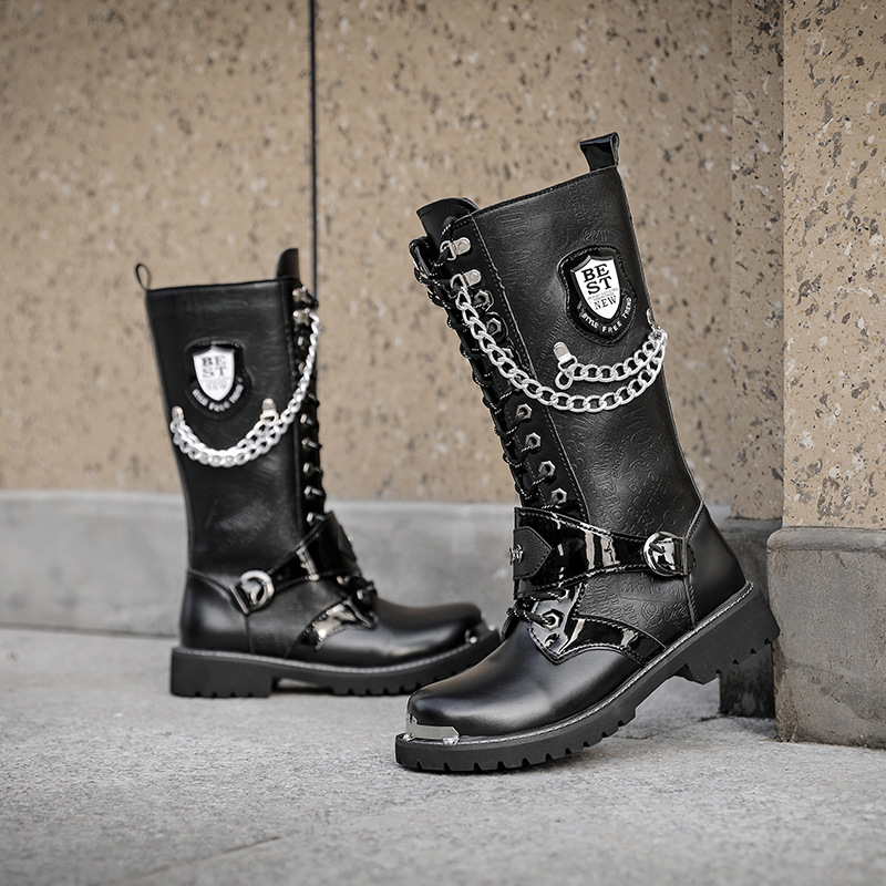 Spring and Autumn Korean Style Inner Height Increasing Martin Boots High-rise Cowboy Motorcycle Men's Boots Long-barreled Punk Stage Performance Leather Boots 911