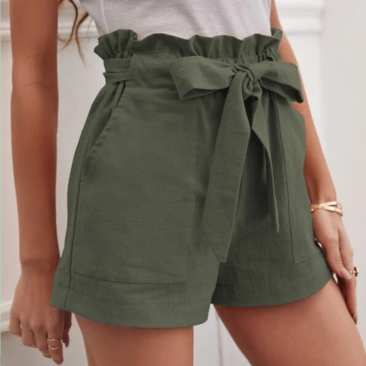 European and American Cross-border New Summer Bow Tie Women's Loose Casual Shorts Pocket Solid Color Large Size High Waist Wide Leg Pants