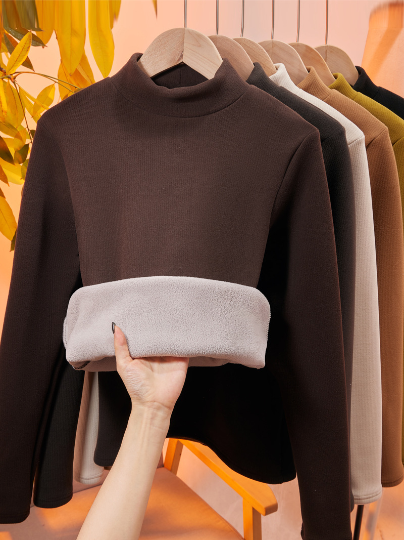 Fleece-lined thick winter warm thread mid collar bottoming shirt Women's inner wear slim half turtleneck long sleeve high-grade top