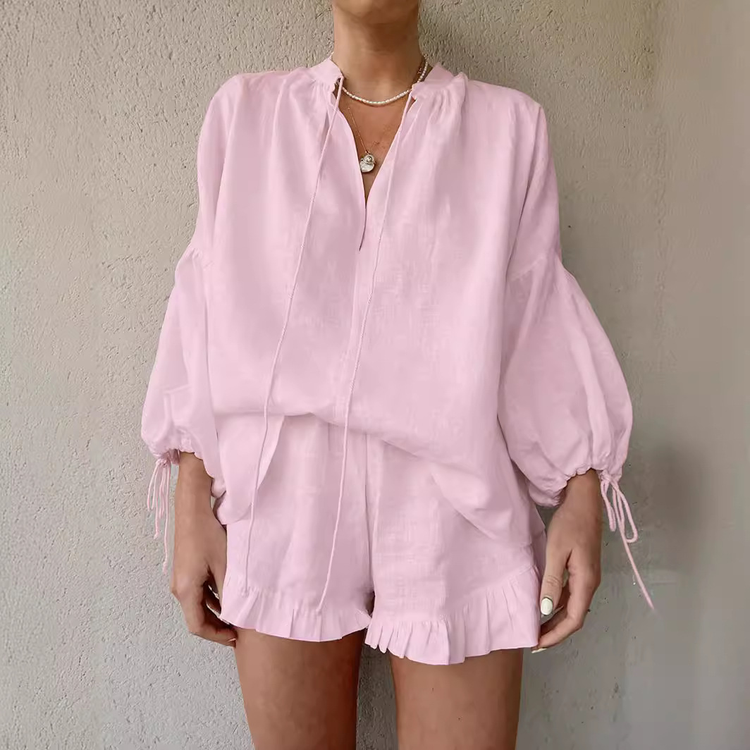 Fashion Cotton Linen Solid Color Loose V-neck Lantern Sleeve Shorts Two-piece Set Summer All-match Sexy Lace-up High Waist Suit