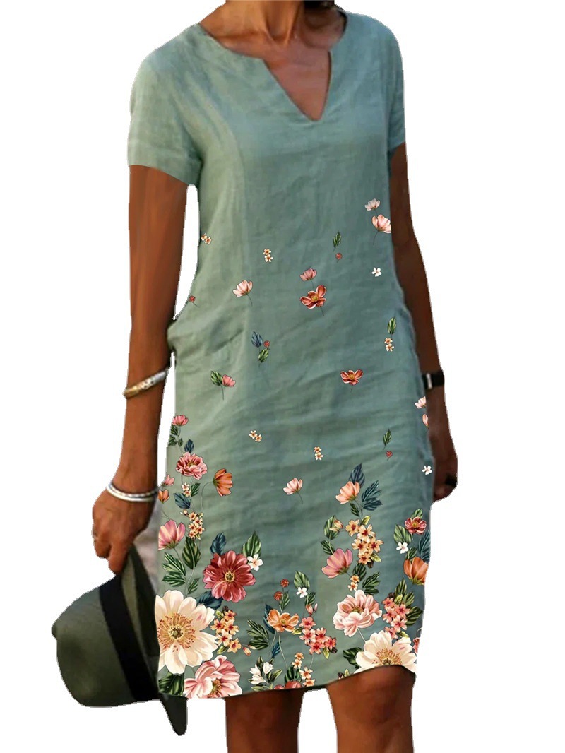 2023wish Amazon cross-border independent station hot flower printed cotton and linen short sleeve mid-length V-neck dress