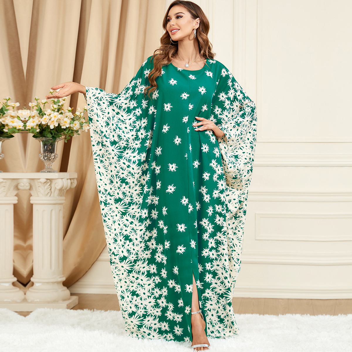 3421 Muslim Middle East Cross-border Trade Clothing Green Bat Sleeve Loose Fashion Large Size Dress