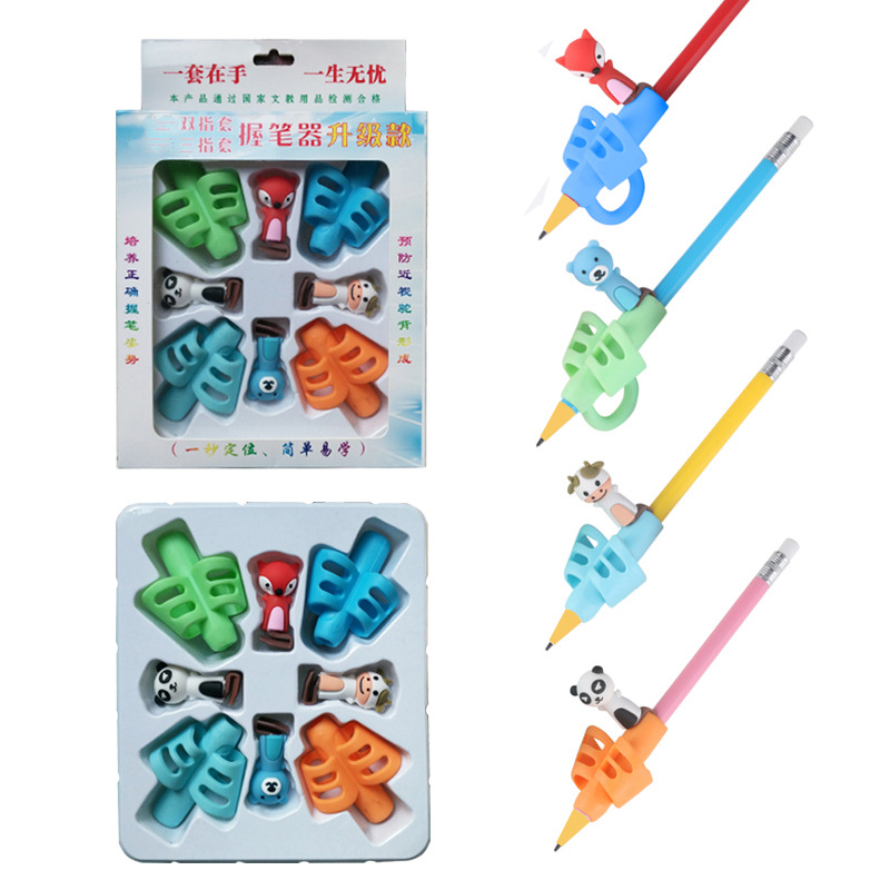 New finger set pen holder one second positioning pencil set student gift children writing corrector with cartoon pen cap