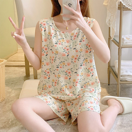 Cotton Silk Pajamas Women's Summer Sleeveless Vest Shorts Cotton Silk Home Clothes Short-sleeved Artificial Cotton Suit Cartoon Cute Thin