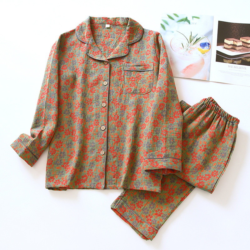 Middle-aged women's new Jacquard yarn-dyed floral cotton lapel cardigan long sleeve retro festive home wear suit