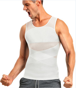 Cross-border European and American factory direct sales in stock men's body-shaping vest high elastic mesh thin corset chest-shaping abdominal top