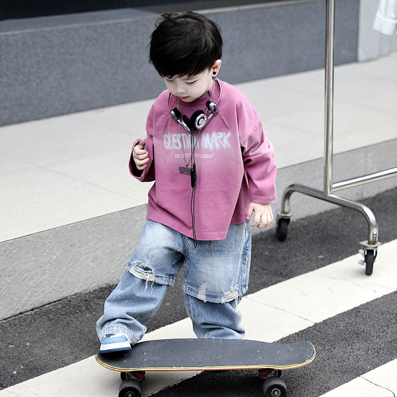 Autumn 2024 New Korean Style Children's Stitching Ripped Casual Boys Jeans Baby Loose Trousers Trendy