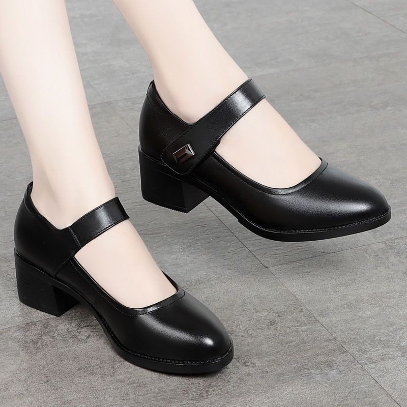 Mother Shoes Single-layer Shoes 2023 Spring and Summer Breathable Women's Shoes Thick Heeled Soft Sole Work Shoes Casual Comfortable Black Middle Heeled Shoes
