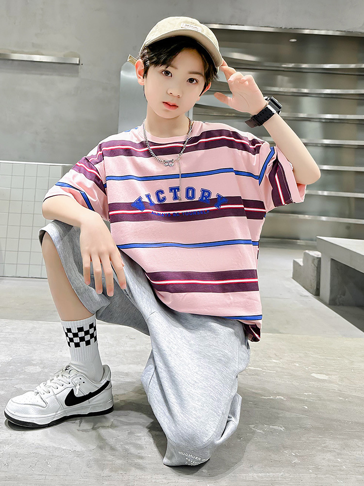 Summer boys cotton short sleeve striped T-shirt handsome tide children's clothing boys half sleeve children's top Korean version wholesale