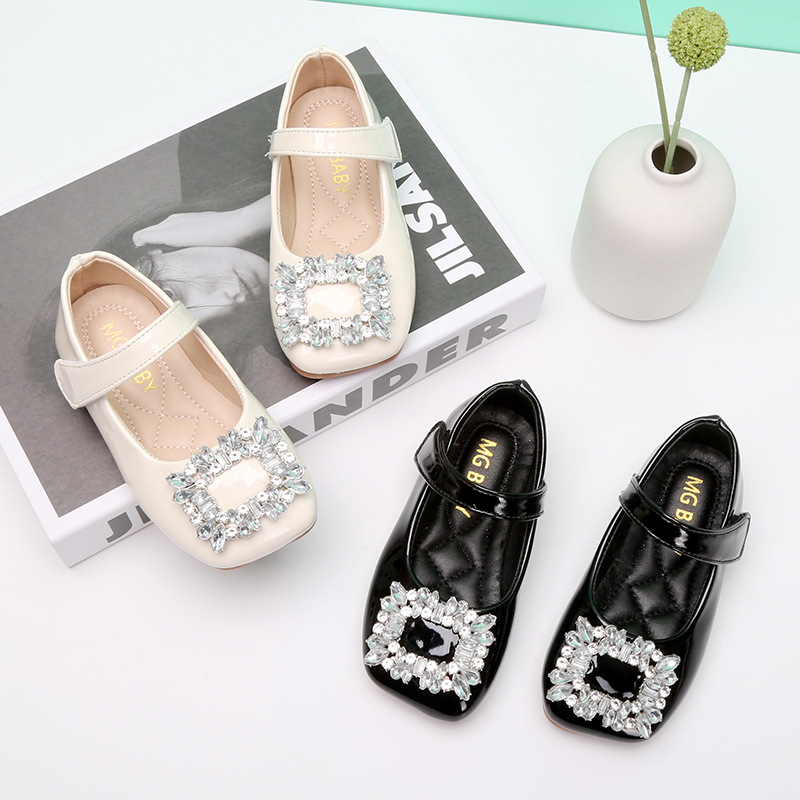 Korean Style Metal Large Square Buckle Girls' Princess Shoes Rhinestone Shallow Mouth Shoes Velcro Children's Leather Shoes Spring Children's Shoes