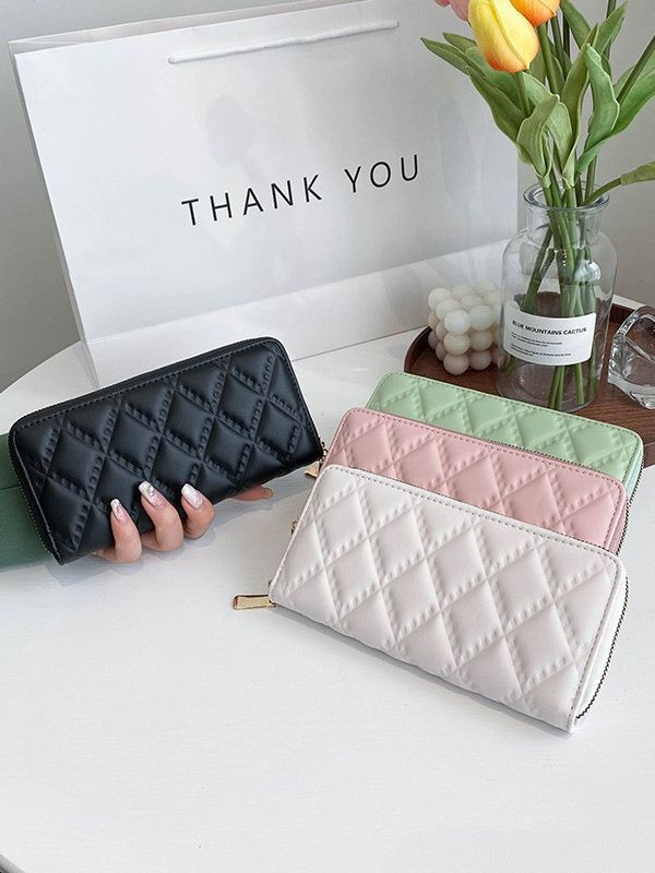 Foreign Trade New Women's Wallet PU Lingge Indentation Long Zipper Clutch Solid Color Casual Change Mobile Phone Bag