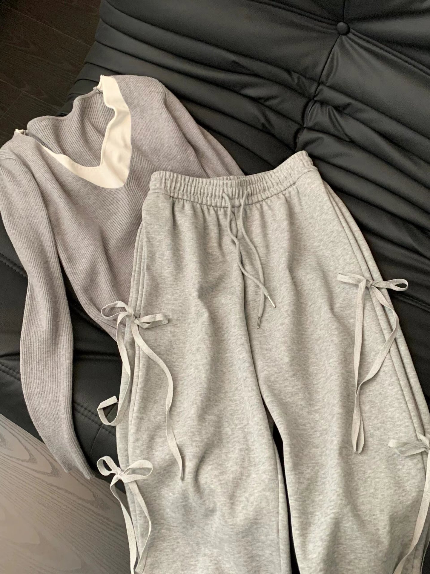 New Korean style retro bow lace-up straight sweatpants women's early spring niche design loose casual wide-leg pants