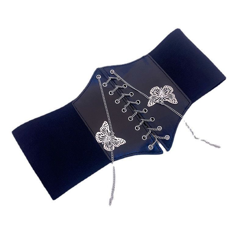 New Waist Women's Super Wide Court Style Waist Seal Tie Belt Bow Chain Embroidery Slimming Elastic Waist Seal Belt