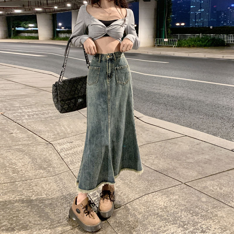 Denim Skirt Women's Summer New ins Style Korean Style High Waist Slimming A- line Skirt Niche Design Sense Burr Edge Fishtail Skirt