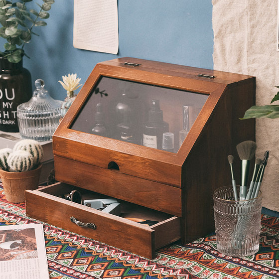Large Capacity Flip Cover Solid Wood Storage Box Dustproof Flip Cover with Drawer Desktop Wooden Sundries Cosmetic Cabinet