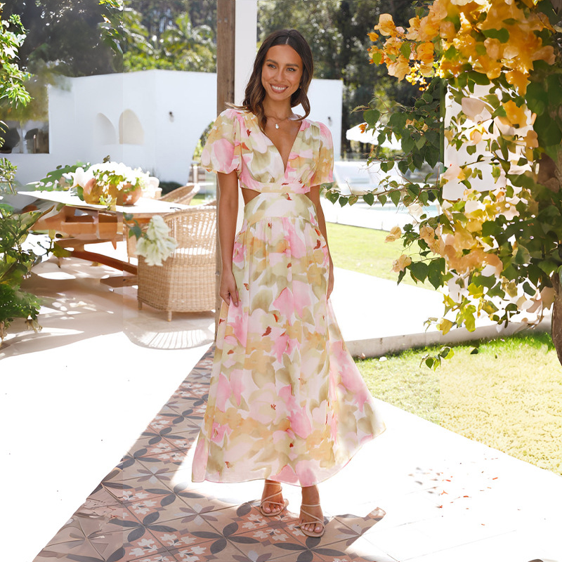 Cross-border European and American Foreign trade independent station 2024 spring and summer new fresh elegant floral large swing backless design dress