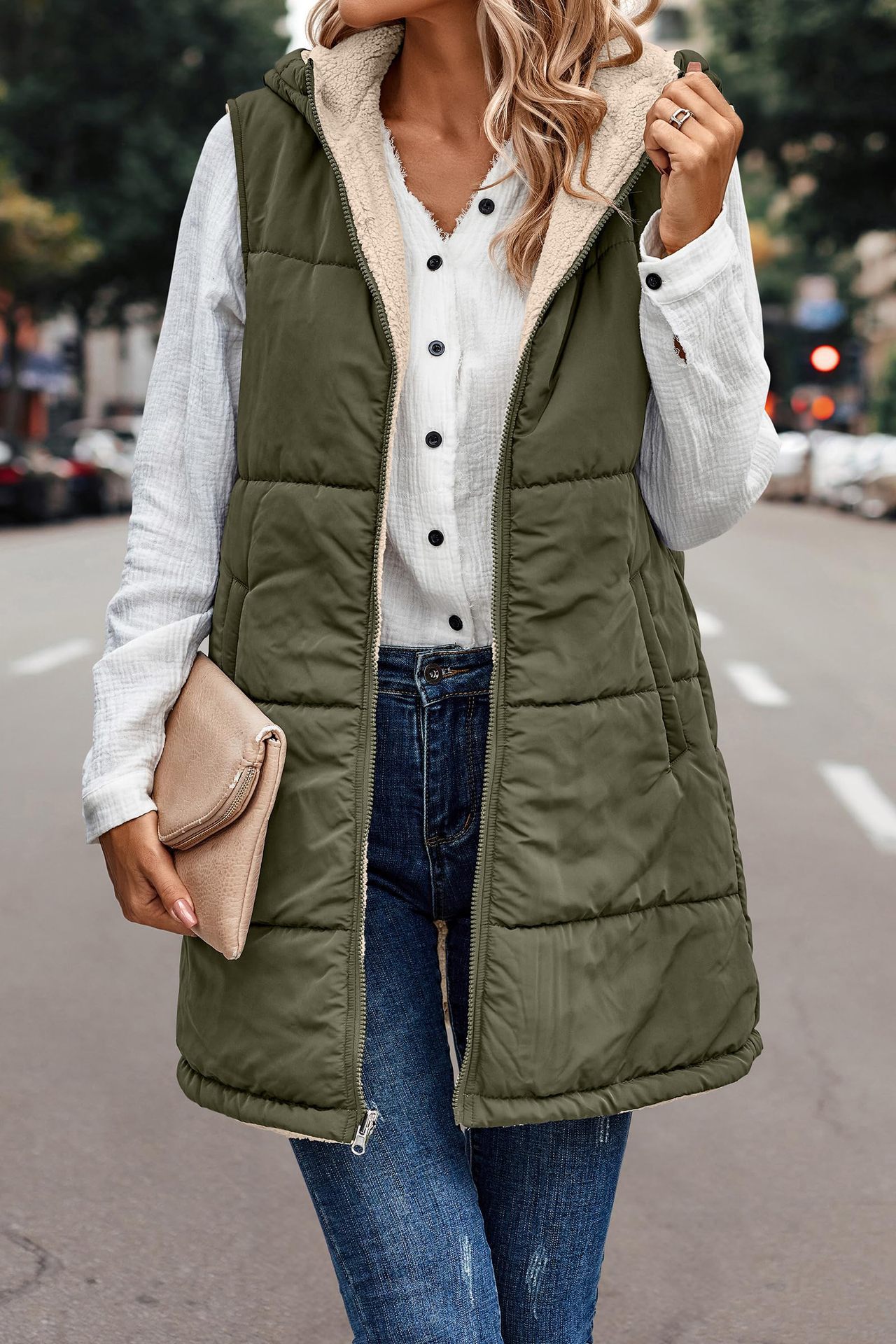 In stock 2023 new European and American solid color hooded cotton-padded vest double-sided warm cardigan windproof coat_voghion.com