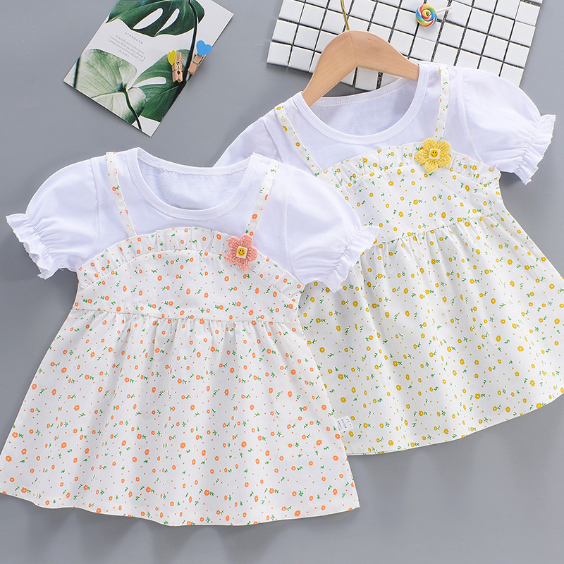Girls' dress 2025 Summer New Short-sleeved Thin Western Style Baby Girl Fake Two-piece Strap Floral Dress