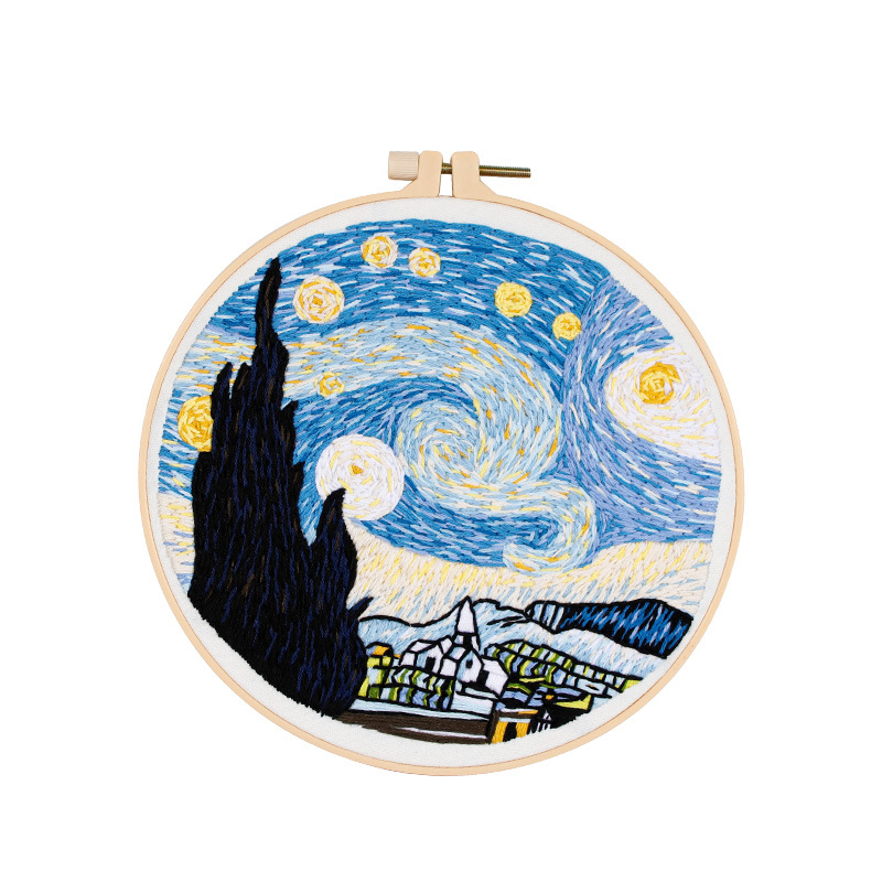 Van Gogh Starry Sky diy Handmade Embroidery Material Bag Needle Set European Style Scenery Starry Sky Wave Embroidery Cloth Print