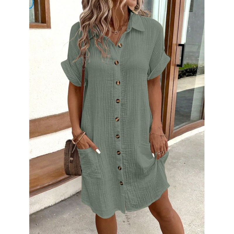 2024 Explosions Summer Simple V-neck Button Cotton Linen dress Women's Shirt Dress
