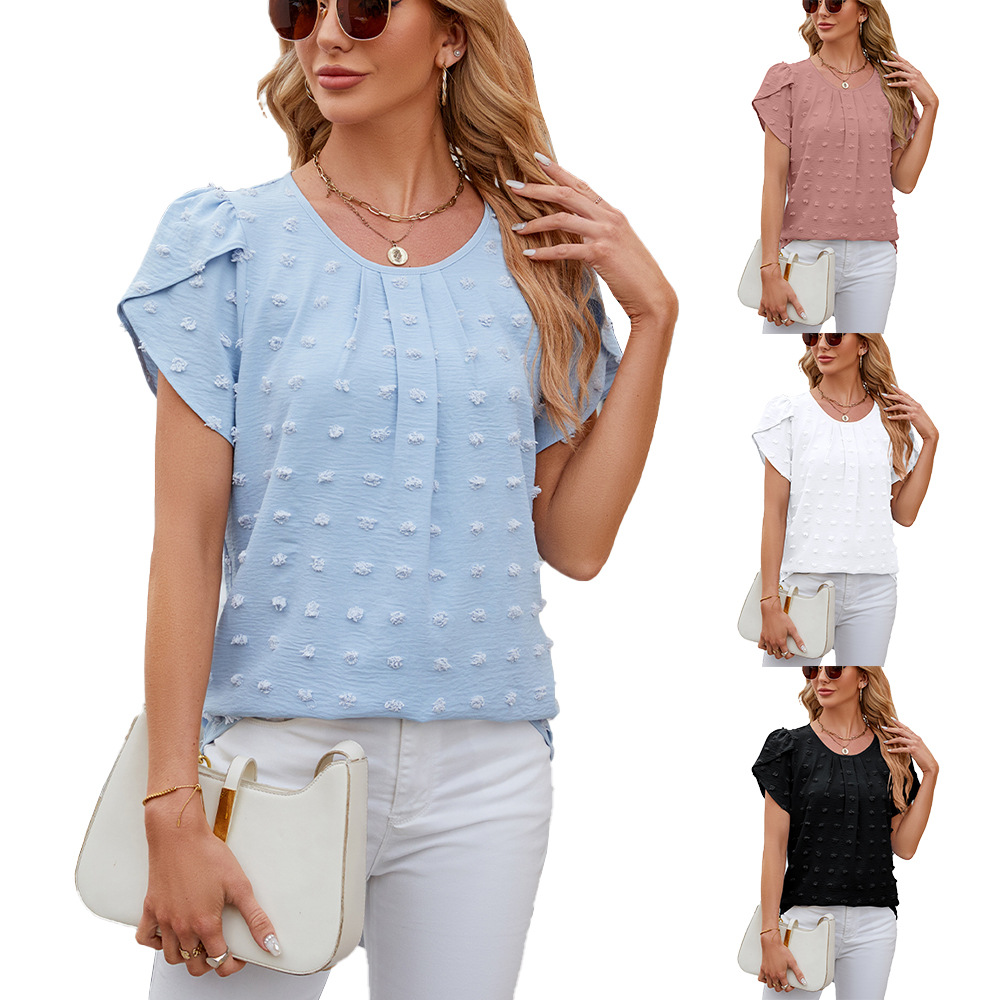 Amazon 2024 European and American cross-border foreign trade summer jacquard round neck petal sleeve solid color fur ball chiffon shirt top
