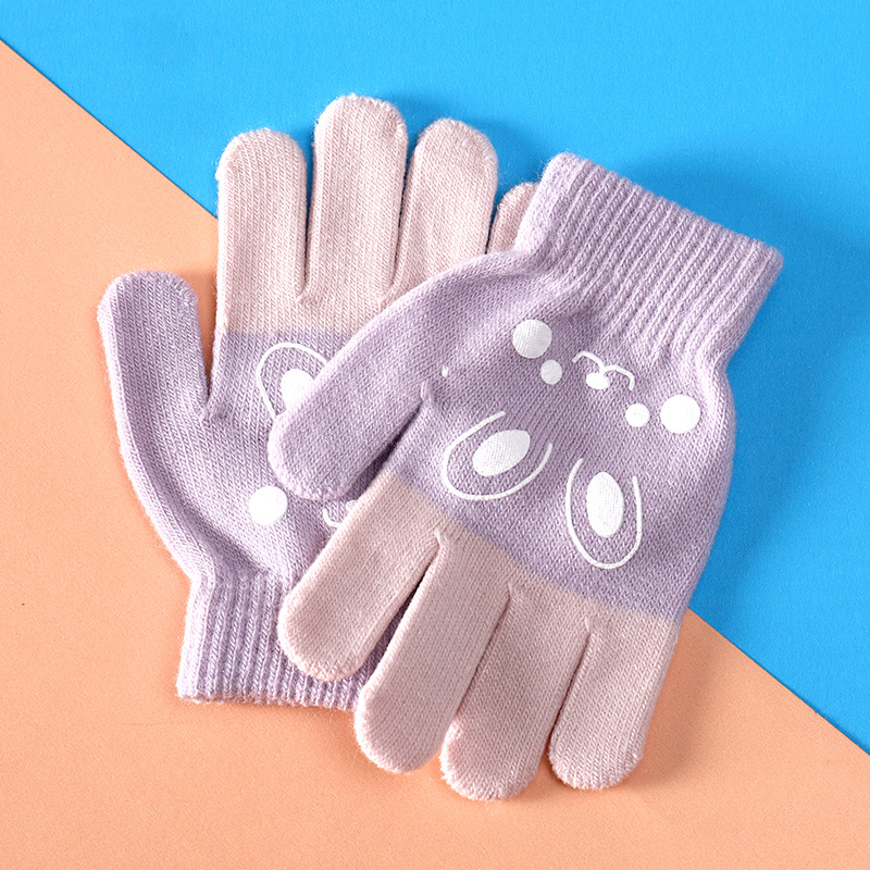 Children's cartoon gloves autumn and winter warm finger cute boys and girls finger gloves knitted primary school student gloves