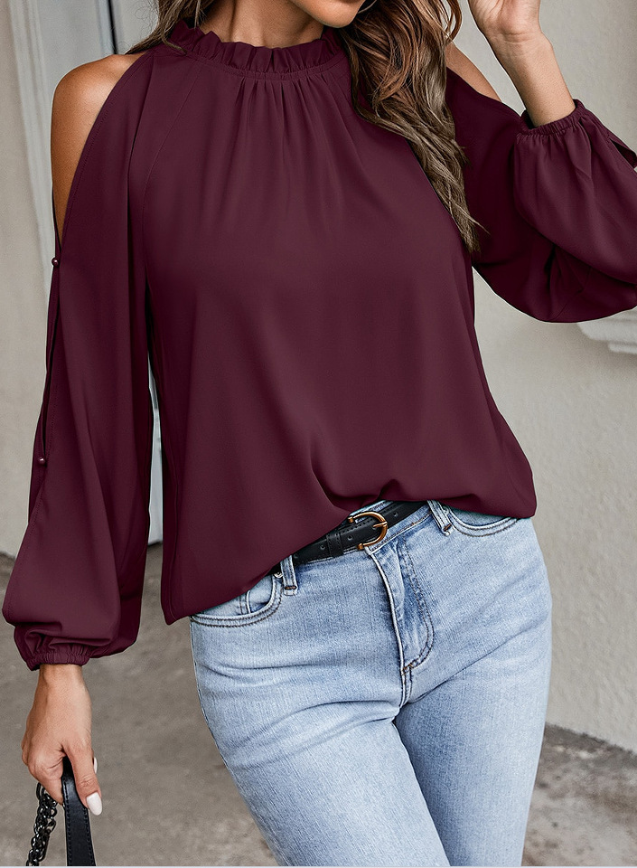 Amazon European and American cross-border spring and summer new women's solid color lotus leaf round neck long sleeve pleated off-shoulder fashion blouse
